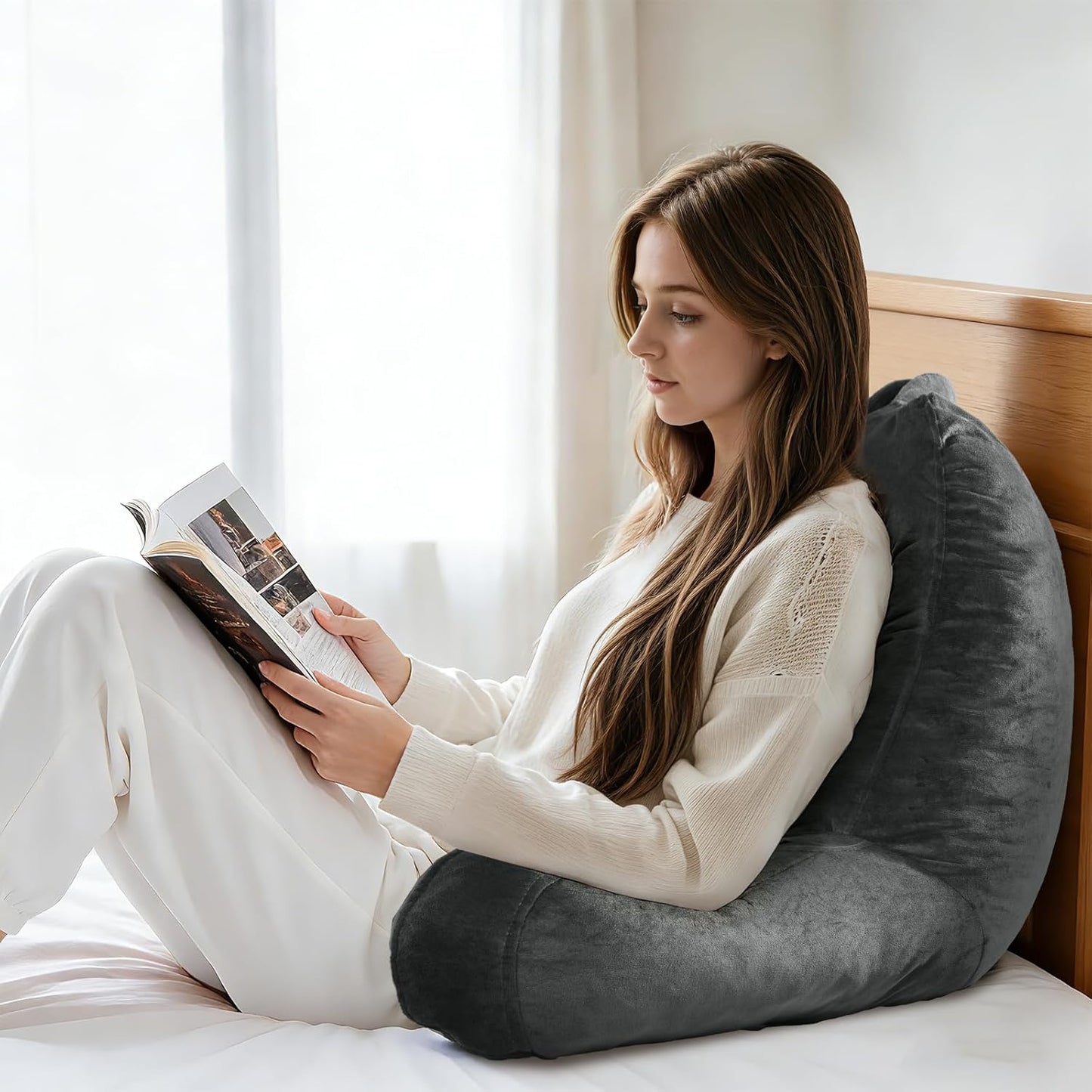Reading Pillow for Sitting in Bed Adult, 19" Reading Pillow with Shredded Memory Foam, Back Pillow for Sitting Up with Extend Arms, Pockets, Bed Pillow with Washable Cover, Grey