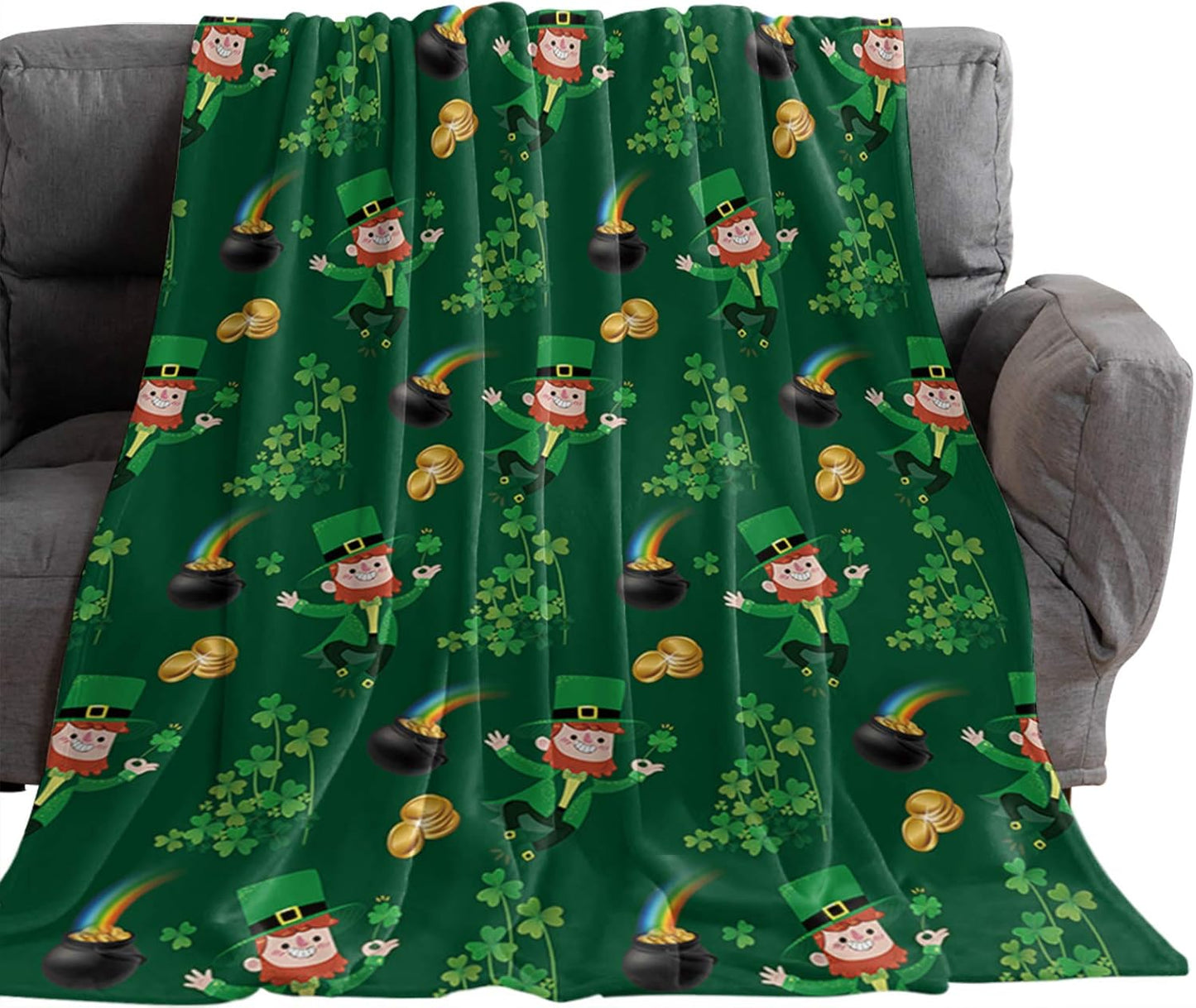 Chucoco St. Patrick's Day Leprechaun Men Throw Blankets Irish Lucky Clovers Gold Coins and Rainbow Fuzzy Soft Bed Cover Bedspread Lightweight Luxury Blanket for Couch Sofa Chair 40x50In