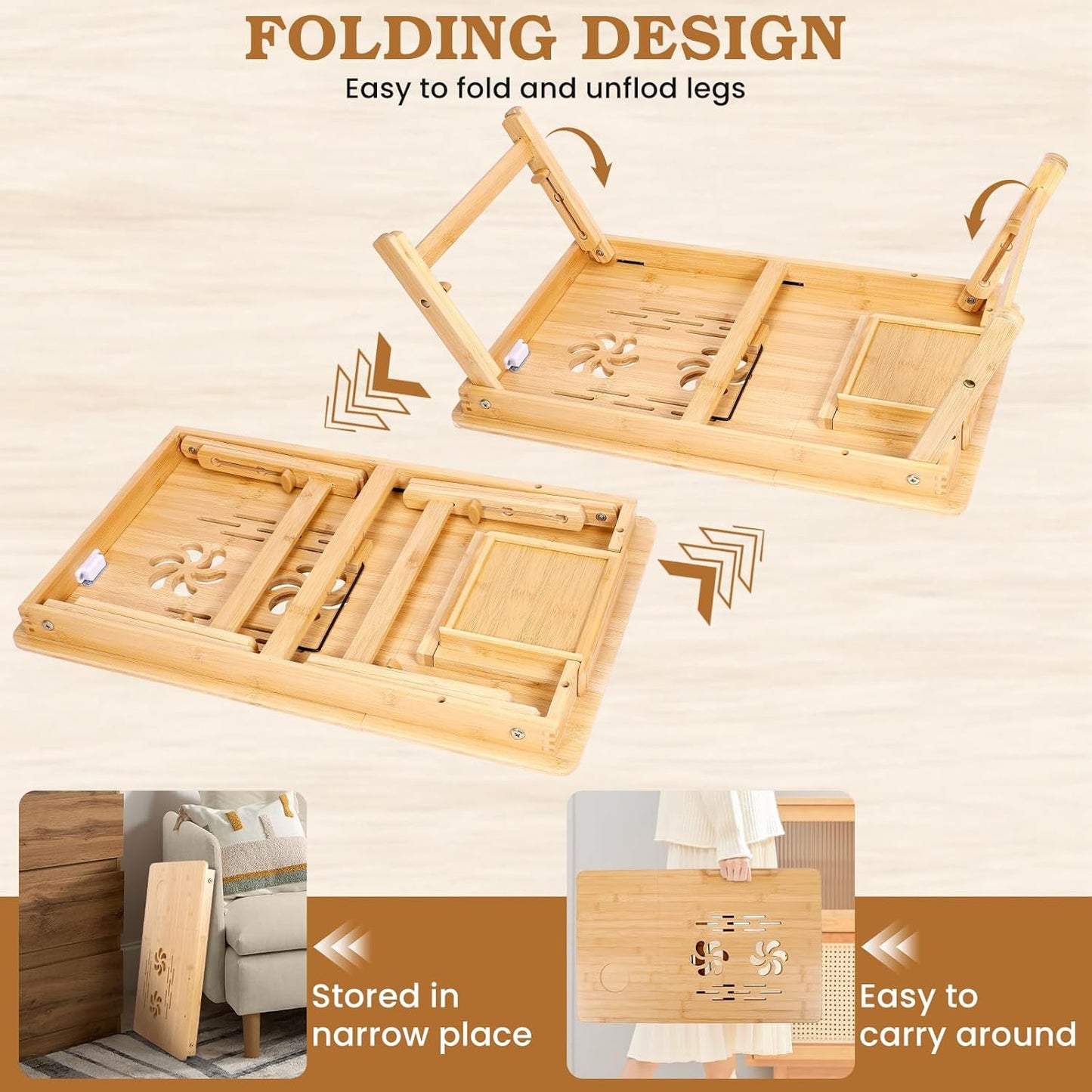 Bamboo Laptop Lap Desk with Vent, Folding Lap Tray Table with Adjustable Height, Tilting Top and Drawer, Portable for Bed Couch Working Reading Writing