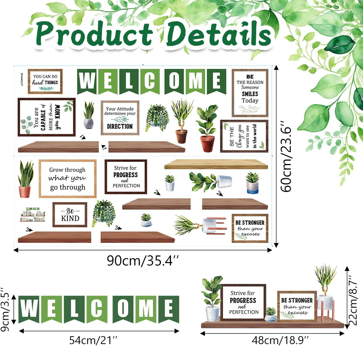 TOARTi Green Plants Wall Decals Motivational Classroom Wall Stickers Potted Plant Bookshelf Bulletin Board Decals Inspirational Quote Back to School Decoration
