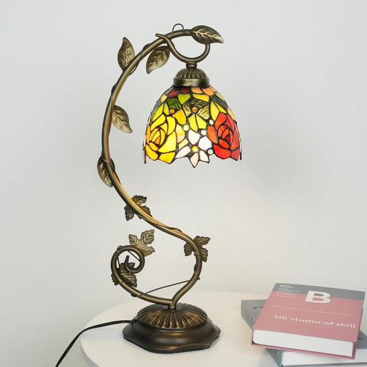 Skyblaze Tiffany Style Table Lamp with Metal Leaf, Stained Glass Desk Lamp, Vintage Night Light, Art Deco Reading Light with Handmade Lampshade for Nightstand Living Room (Rose)