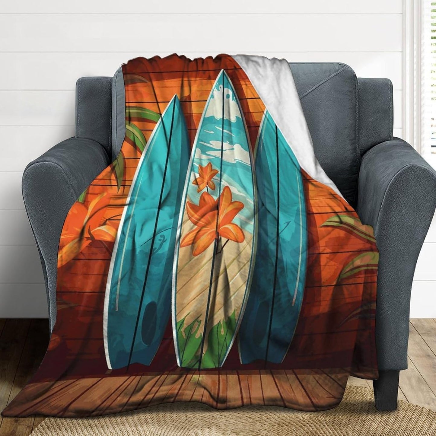 Surfboard on Wooden Blanket Super Soft Lightweight Throw Blanket Cute Cozy Warm Bed Blanket Decorative Fuzzy Blanket All-Season Home Decor Gift for Sofa Couch Living Room 30"*40"（76 * 100cm）