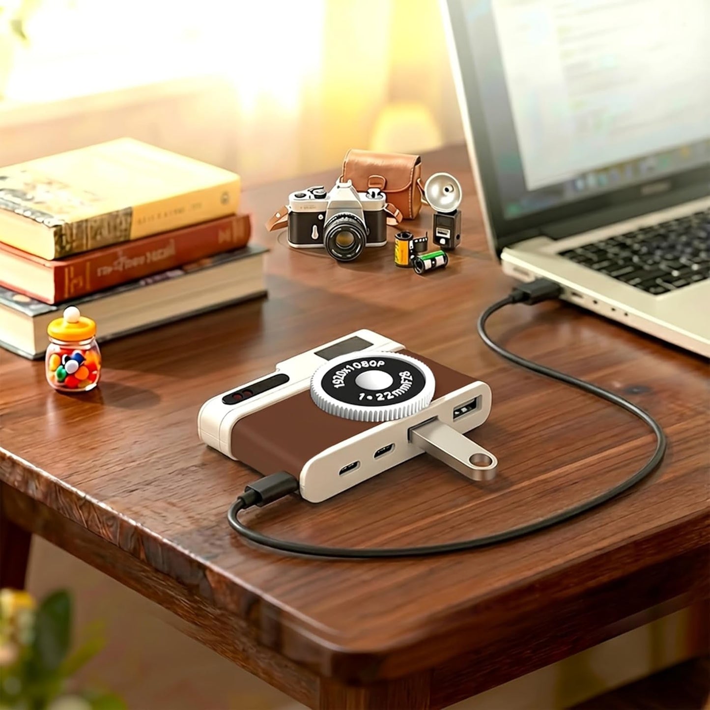 USB C Hub, 4-Port USB Hub with 2 USB-A 2.0 & 2 USB-C Ports, Compact Vintage Camera-Style USB Hub Adapter for Laptop, MacBook, Tablet & Accessories