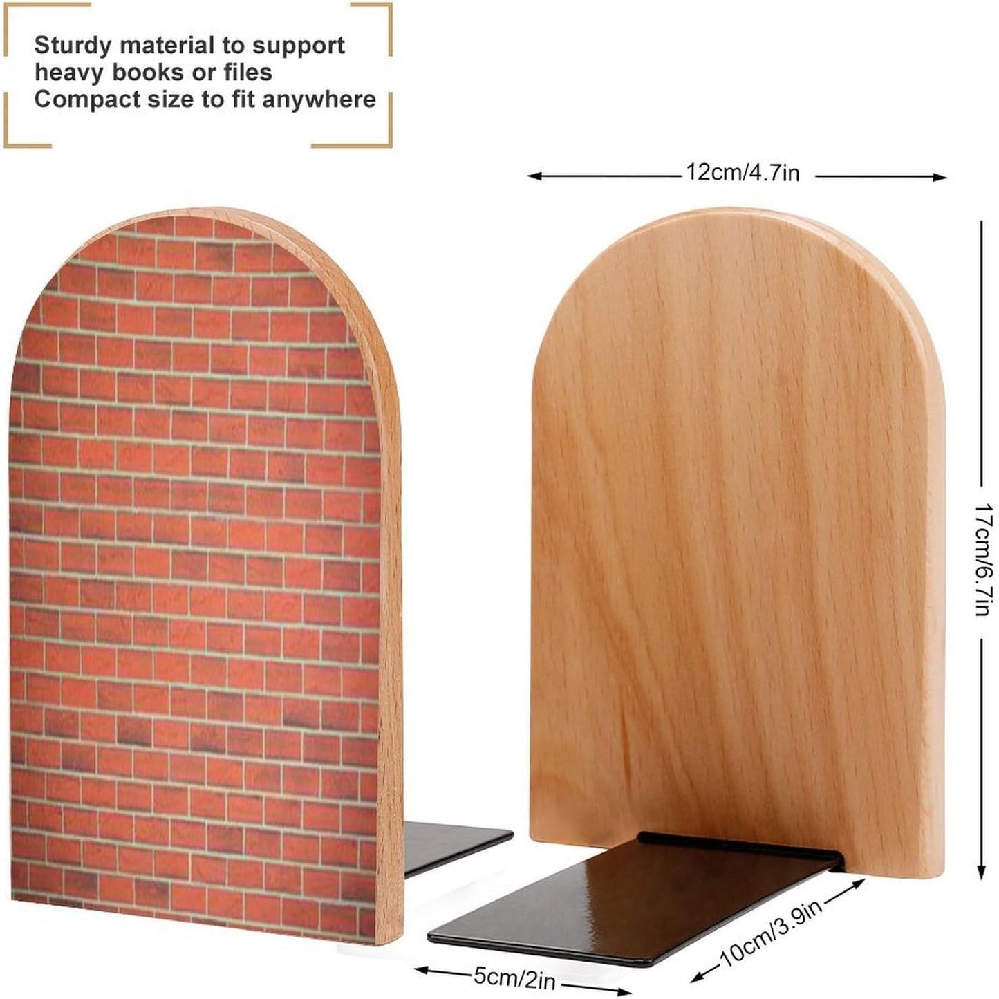Red Brick Wall Texture Wooden Bookend Non-Slip Book Ends Heavy Duty Book Stopper with Metal Base Books Holderd Decorative Bookends Stands Firmly for Office Supplies