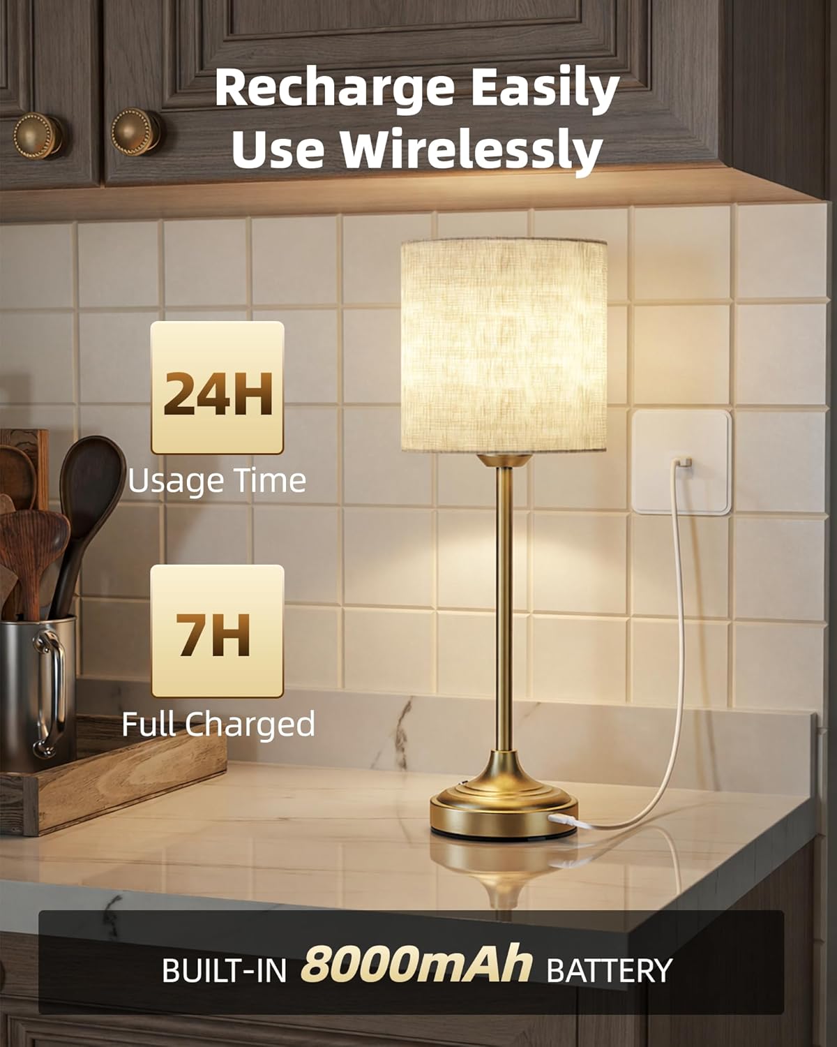 Cordless Table Lamp, 8000mAh, Dimmable, Ambient Light, 2700K, Touch Control, Portable, LED, Wireless, Rechargeable, Battery Operated, Desk Lamp, Kitchen Lamp, Fabric Shade, for Dining Room, Bedroom