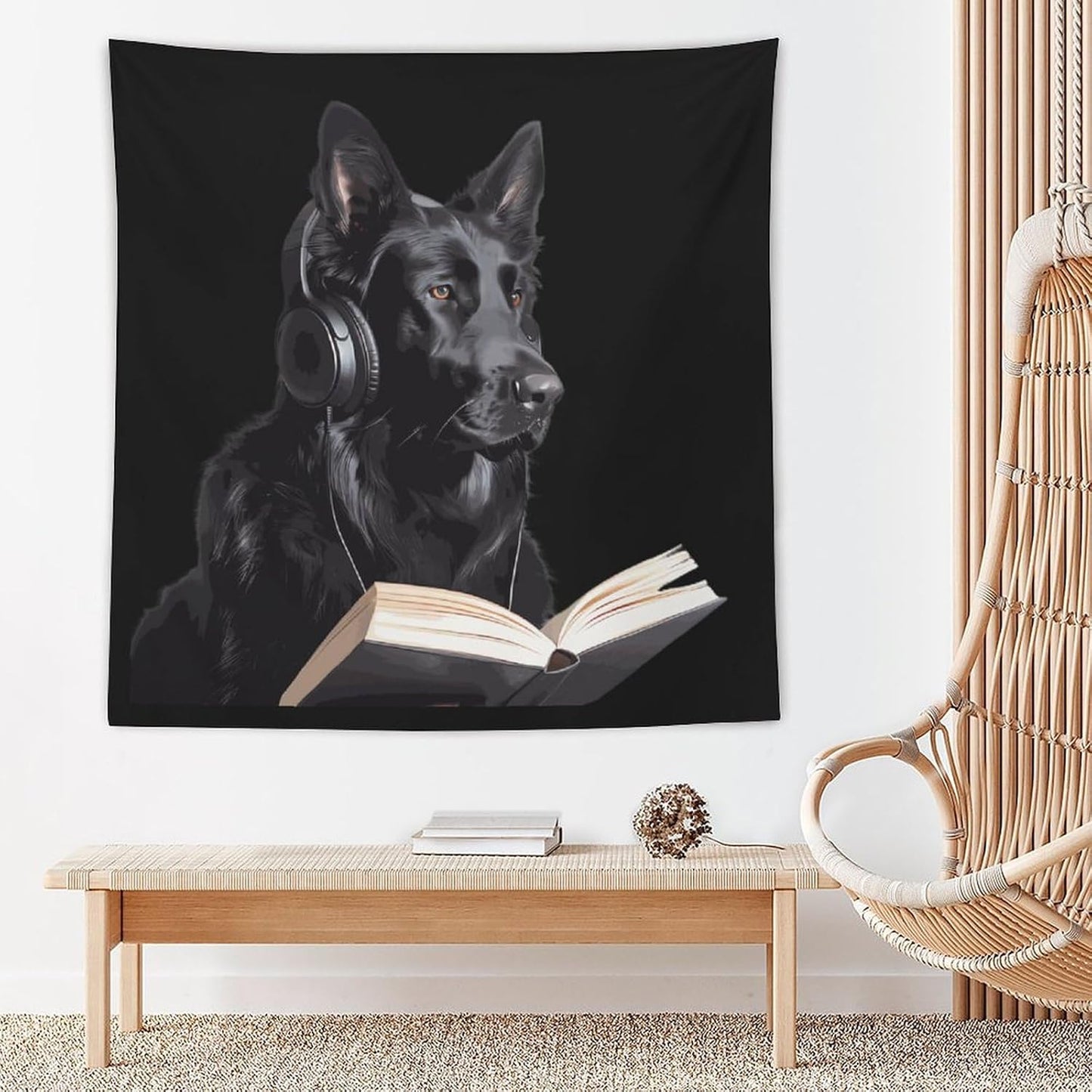 German Shepherd Wearing Headphones Reading Funny Tapestry Wall Hanging Aesthetic Blanket Room Decoration for Picnic Beach Mat