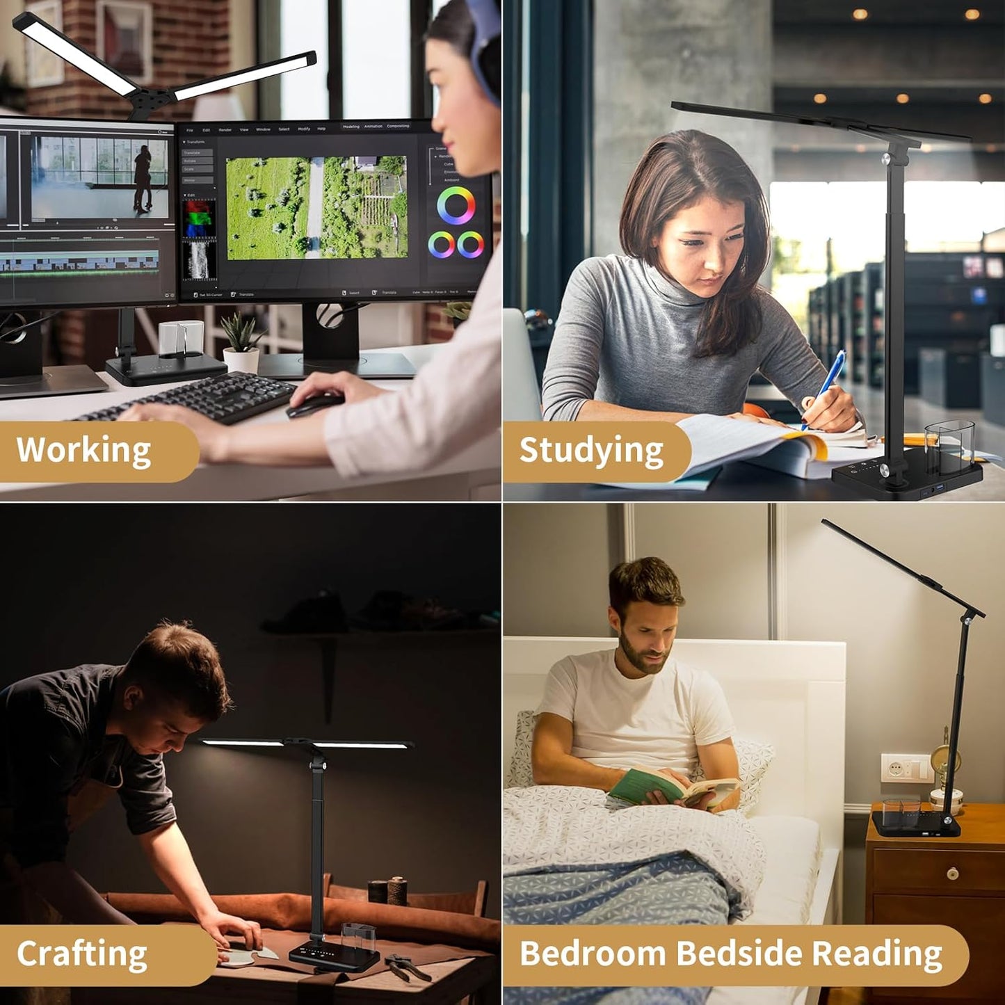 LED Desk Lamp, Dual Heads, Height Adjustable, USB Charging Port, 5 Light Modes & Dimmable Brightness, Bedside Lamp for Reading, Craft, Work, Study (Black, 15W)