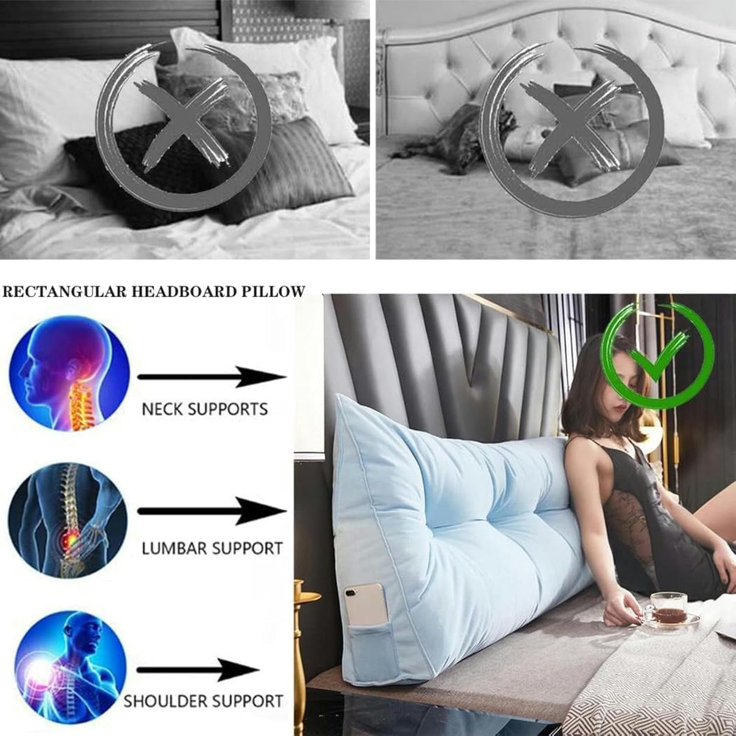 Headboard Reading Body Pillow, Removable Large Backrest Lumbar Pillows Triangular Positioning Wedge Pillow Bolster Cushion Bed Rest Pillows(Purple,120 * 20 * 50cm)
