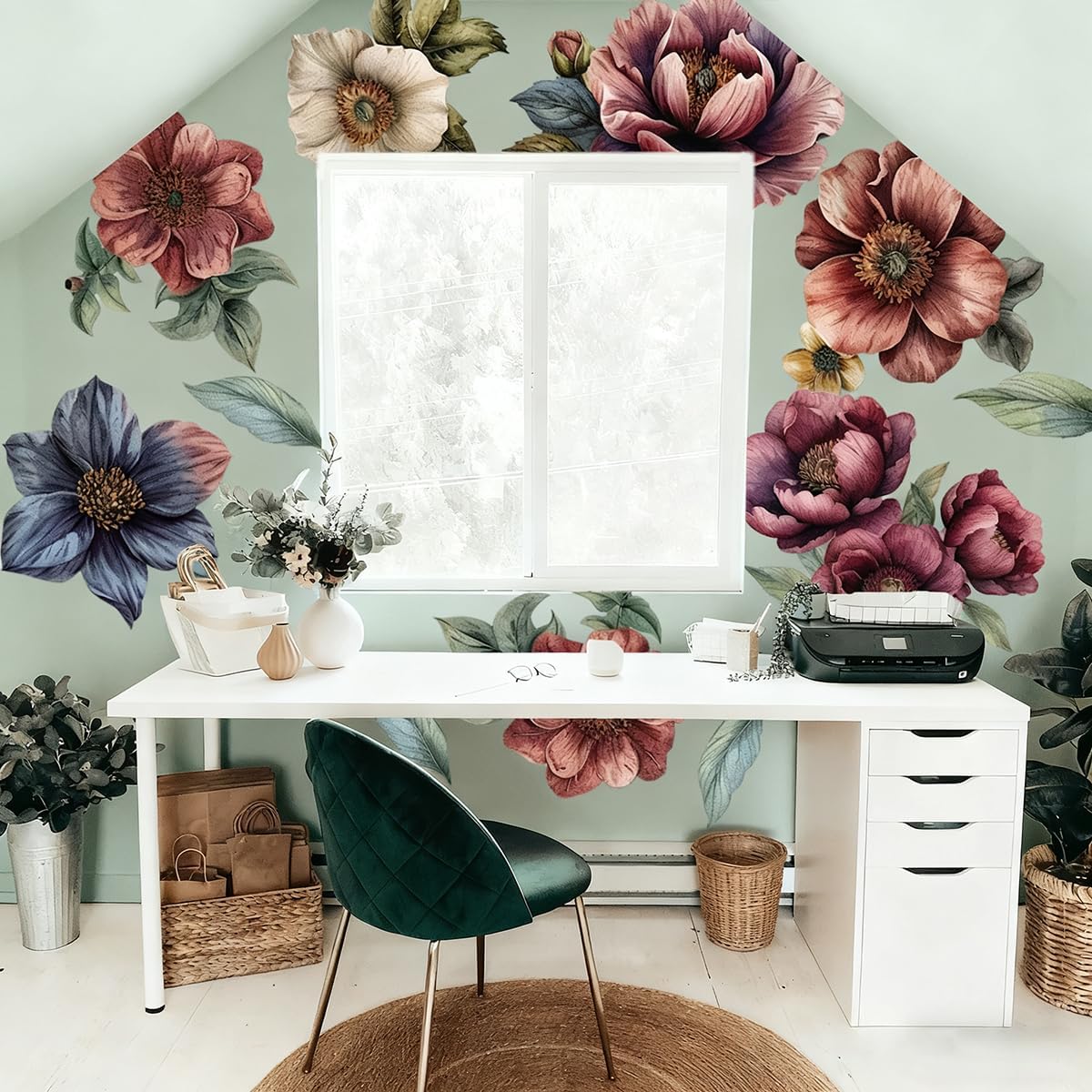 Runtoo Large Flower Wall Art Decals Boho Fabric Jumbo Floral Wall Stickers for Girls Bedroom Living Room Office Home Backdrop Decor