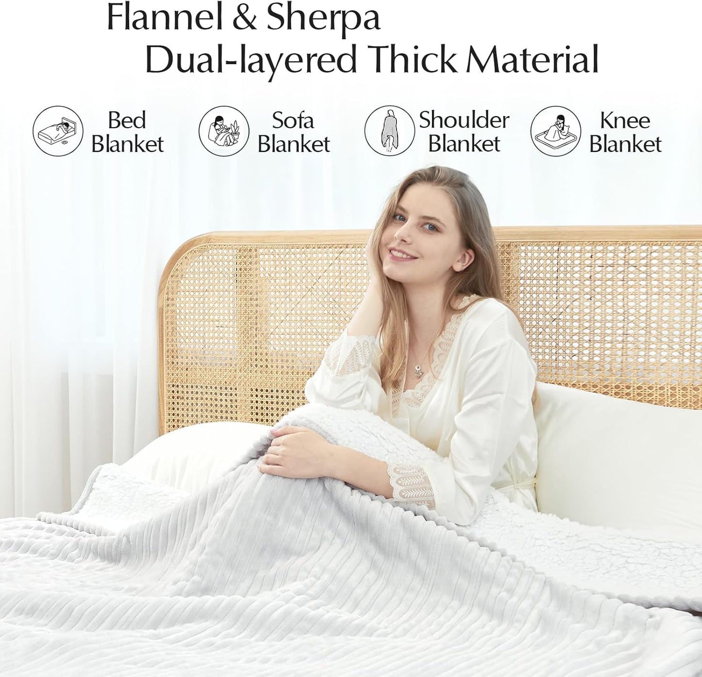 Electric Heated Blanket Twin Size, Soft and Cozy Thickened Stripe Flannel and Sherpa Electric Blanket for Bed, Automatic Safety System 6 Heating Levels & 10 Hours Auto-Off, 62"x84" Light Grey