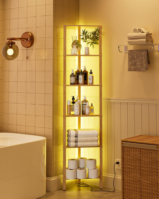 Corner Shelf with LED Light, 6-Tier Corner Bookshelf, Narrow Display Shelf with Storage Rack,Wood Corner Book Shelf for Living Room, Bedroom, Office, Oak