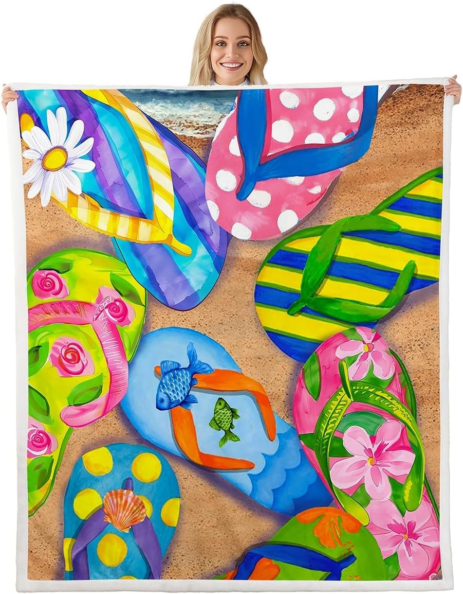 Colorful Flip-Flops Throw Blanket Summer Theme Fleece Blanket Beach Vacation Bed Blanket for Couch or Bed Flip-Flops Blanket Soft Warm Lightweight for Kids Adults Women Gift(40x50 Inches)