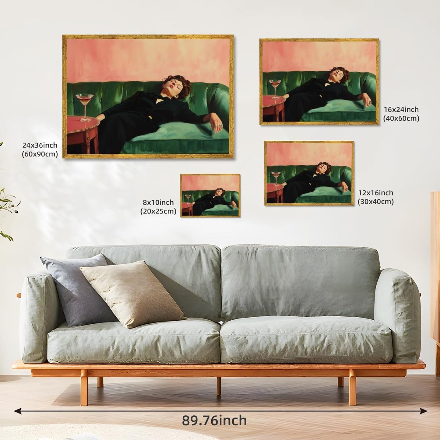 Woman Drinking Glass of Martini Wall Art Print Woman Sitting on The Green Sofa Painting Pictures Retro Female Portrait Poster Trendy Cocktail Alcohol Artwork for Kitchen Bar 8x12inch Golden frame