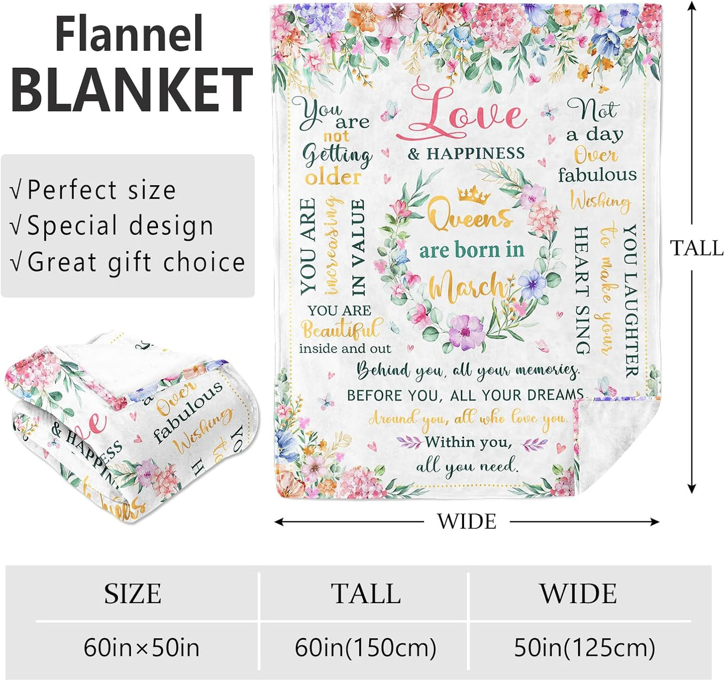 March Birthday Gifts for Women Blanket 60"x50", Birthday Gifts for Women Mom Girls Daughter Wife Sister, March Bday Throw Blanket