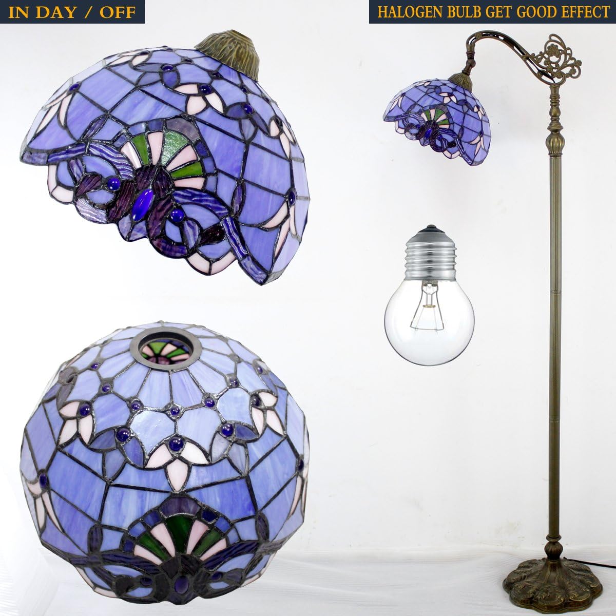 WERFACTORY Floor Lamp Tiffany Style Blue Purple Stained Glass Arched Lamp 12X18X64 Inches Gooseneck Adjustable Corner Standing Reading Light Decor Bedroom Living Room S003C Series