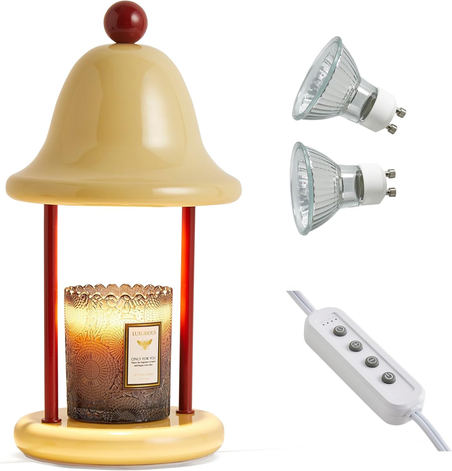 Bell Candle Warmer Lamp with Timer Dimmable, Bedroom House Office Aesthetic Living Girls Room New Home Decor, Christmas Birthday New Year Gifts for Women Mom - Light Yellow & Red