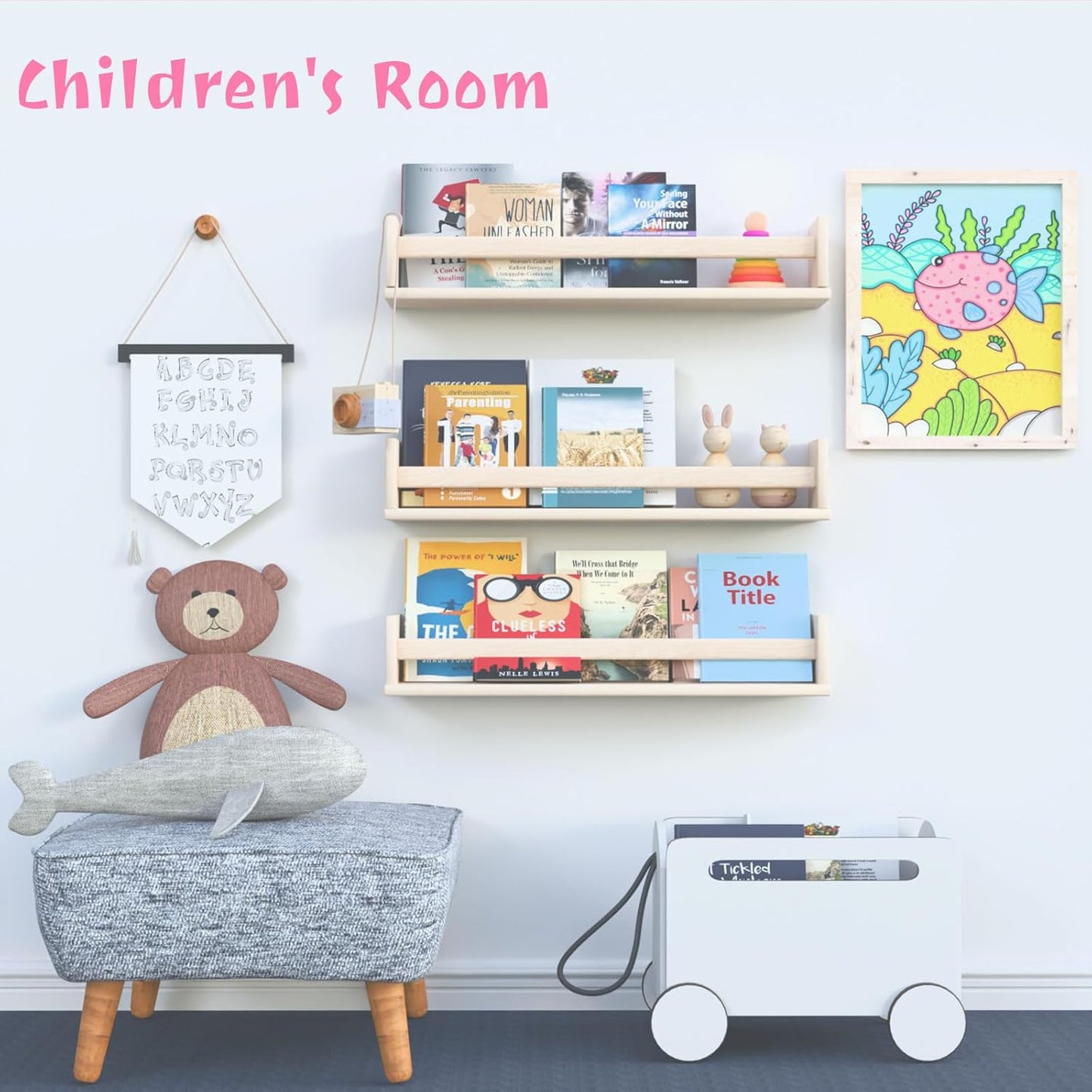 2-Pack Floating Shelves, 16 Inch Wooden Wall Mounted Hanging Shelf,Space Saving for Living Room, Bedroom, Kitchen, Office, Study, Kids Room