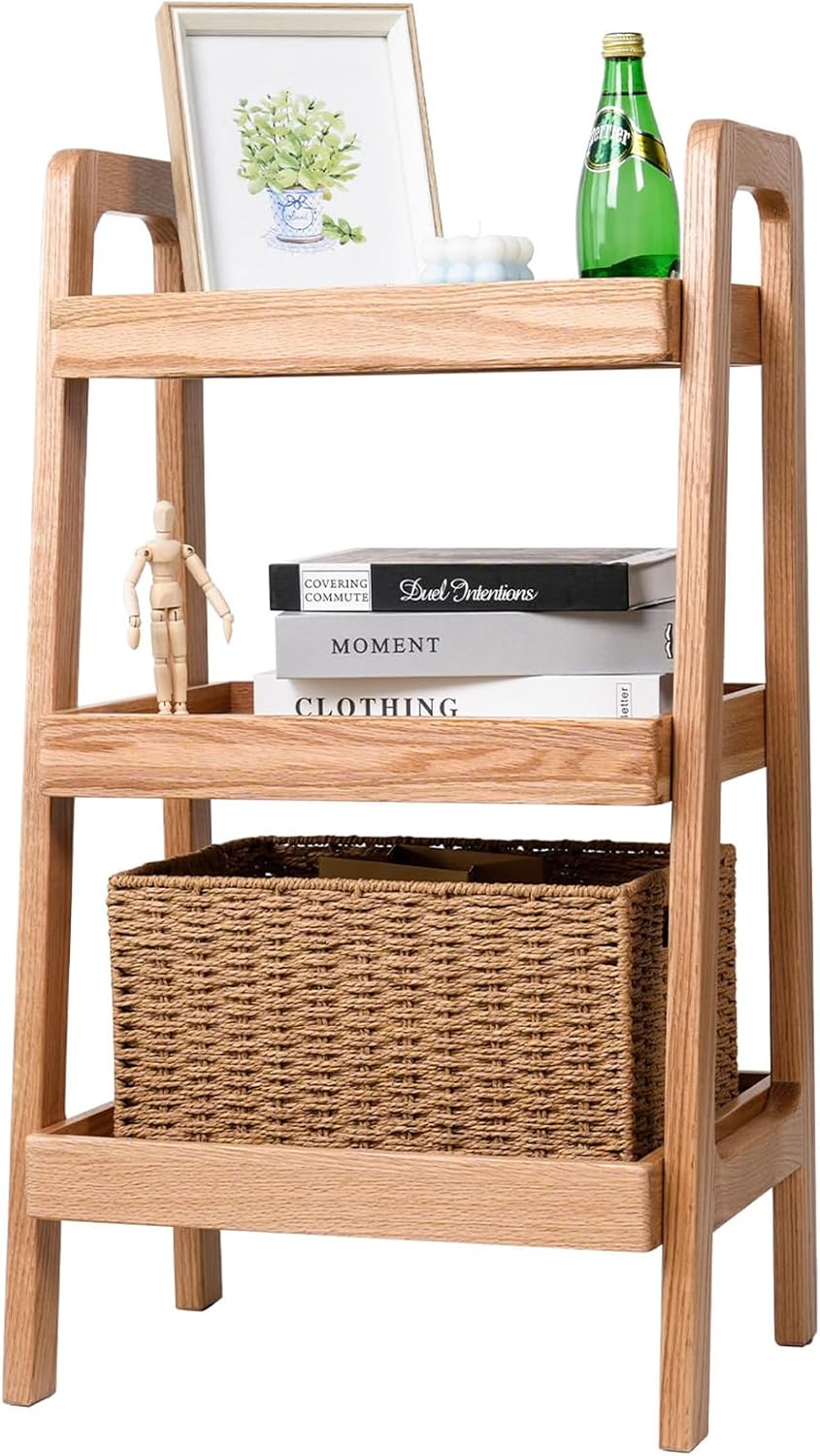 3-Tier Ladder Shelf, Solid Wood Ladder Bookshelf, Mid-Century Modern Leaning Shelves, Oak Wooden Floor Bookcase w/Storage Rack, End Side Table for Living Room Kitchen Bedroom, Natural
