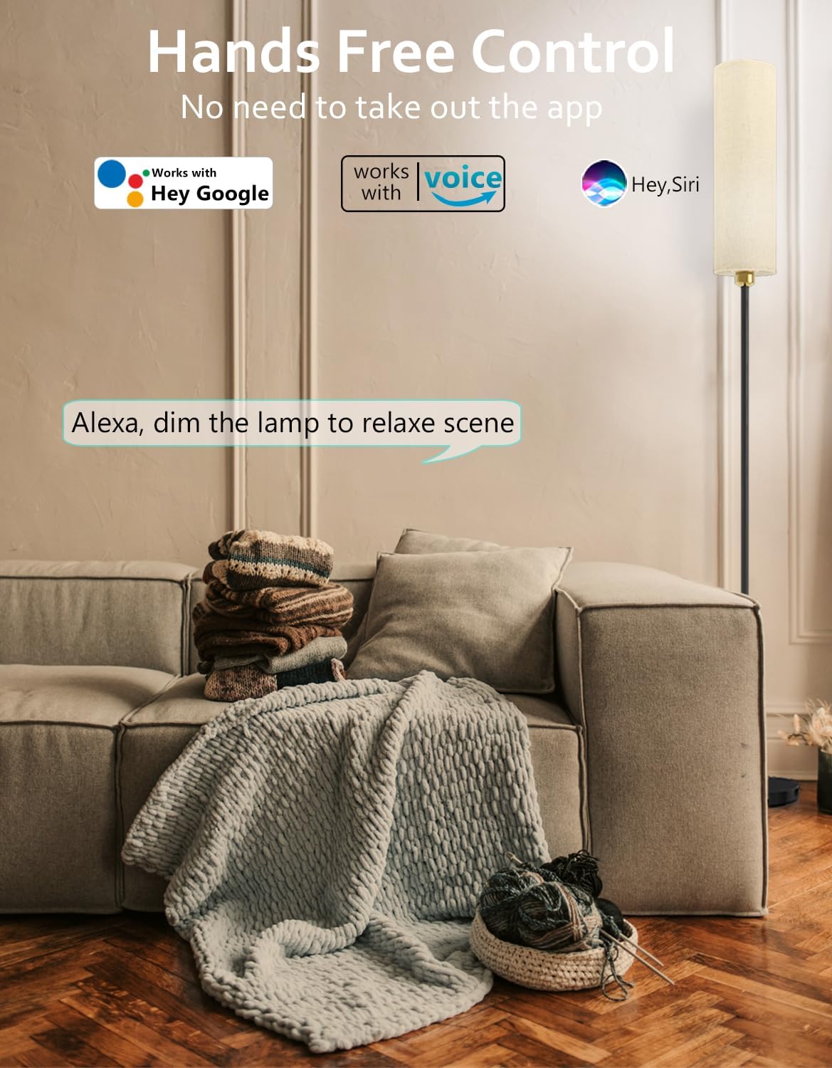 Smart Floor Lamp Works with Alexa & Google Home, Color Changing Stepless Dimmable for Living Room, Modern Standing WiFi Lamps with Remote, Minimalist Pole Lamp Tall Lights for Bedroom, Office-Black