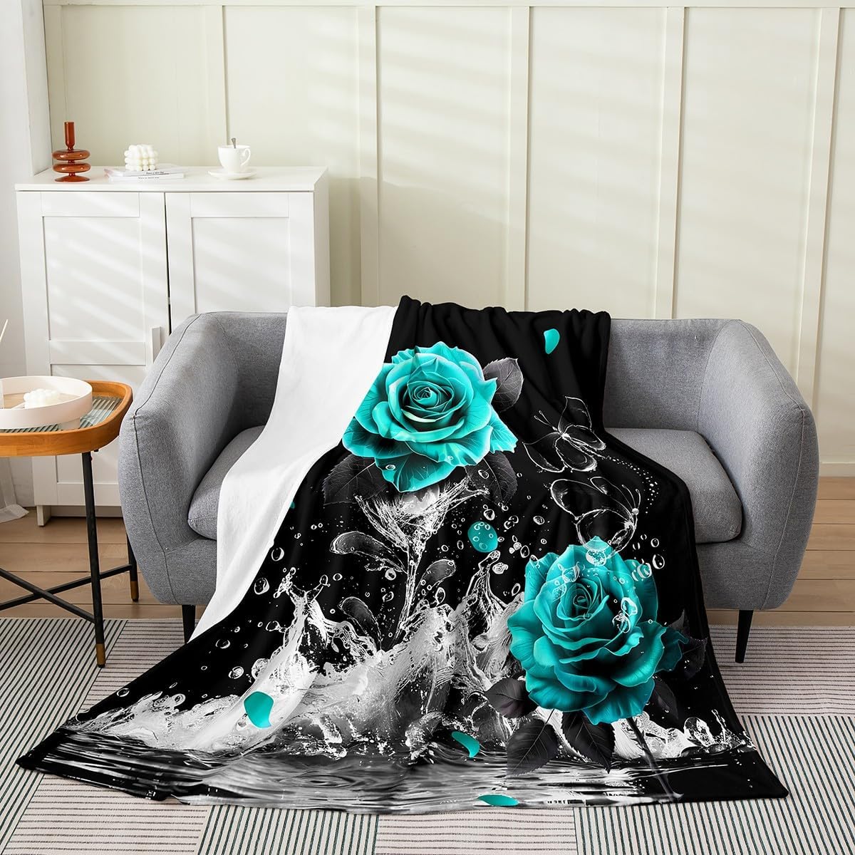 Feelyou Teal Rose Flannel Fleece Throw Blanket Throw 50"x60" Romantic Floral Blossom for Adult Black Teal Plush Blanket Reflection on Water
