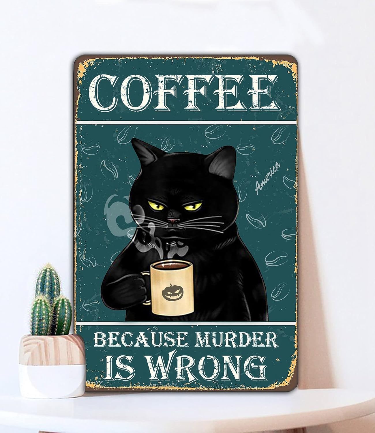 Bestylez Funny Black Cat Signs - Coffee Lovers Kitchen Decor, 12 x 8 Inch (912)
