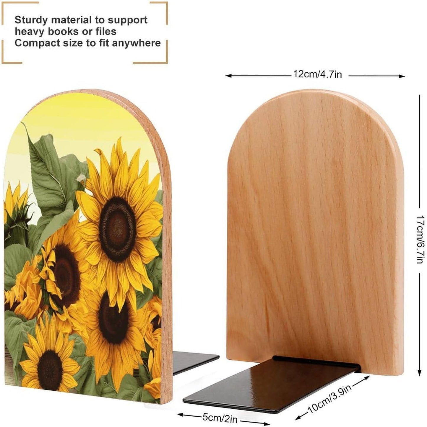 Sunflowers Floral Bookend for Shelves Wooden Book End Large Size Sturdy Book Holders Stoppers with Metal Base for Bookshelves Slick Decorative Bookends Stands