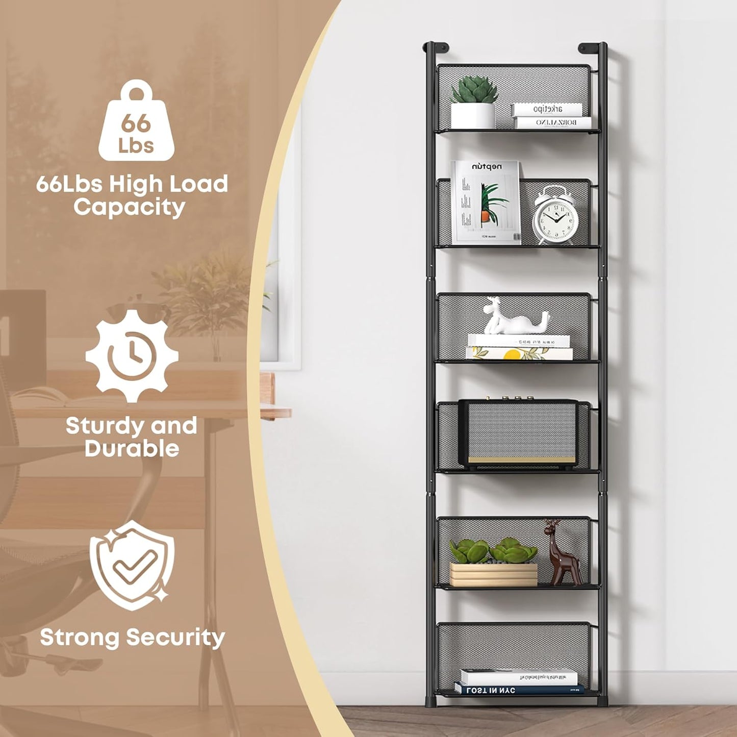 Docnest Industrial Wall-Mounted Ladder Shelf - 6-Tier Metal Bookshelf Organizer, 47.6 Inch Modern Floating Shelves for Plants, Books & Home Decor, Black Industrial Storage Shelving