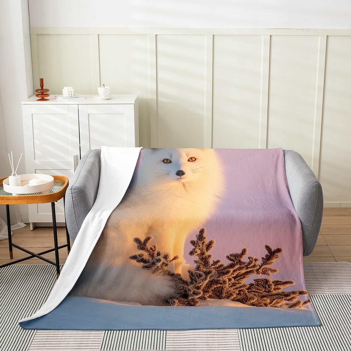 Feelyou Fox Flannel Fleece Throw Blanket Arctic Fox Fuzzy Blanket for Kids Boys Girls Home Decor Wildlife Plush Blanket Cute Animal Printed All Season Bed Blanket Queen 90"x90"