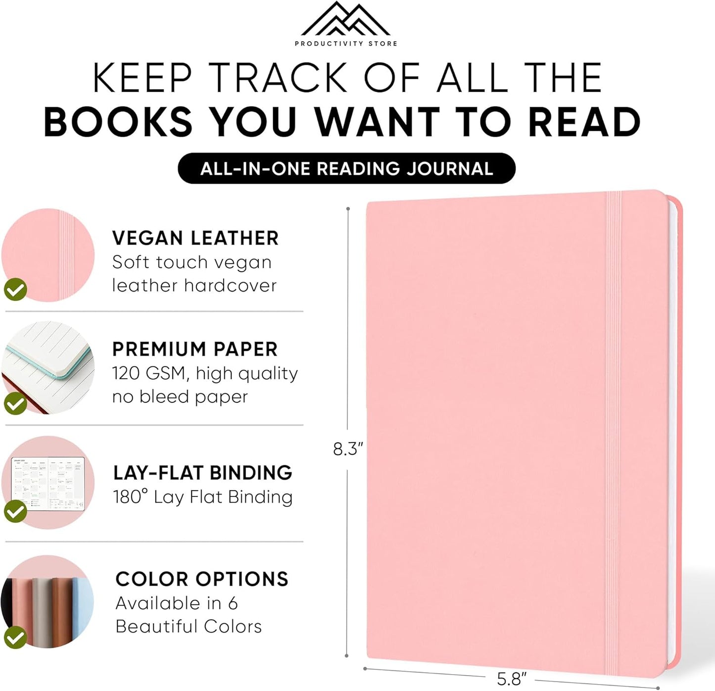 Reading Journal, Book Journal & Book Tracker - Best Gifts For Book Lovers & Gifts For Readers - 65 Book Reviews - A5, 5.8” x 8.3 - Pink - Productivity Store