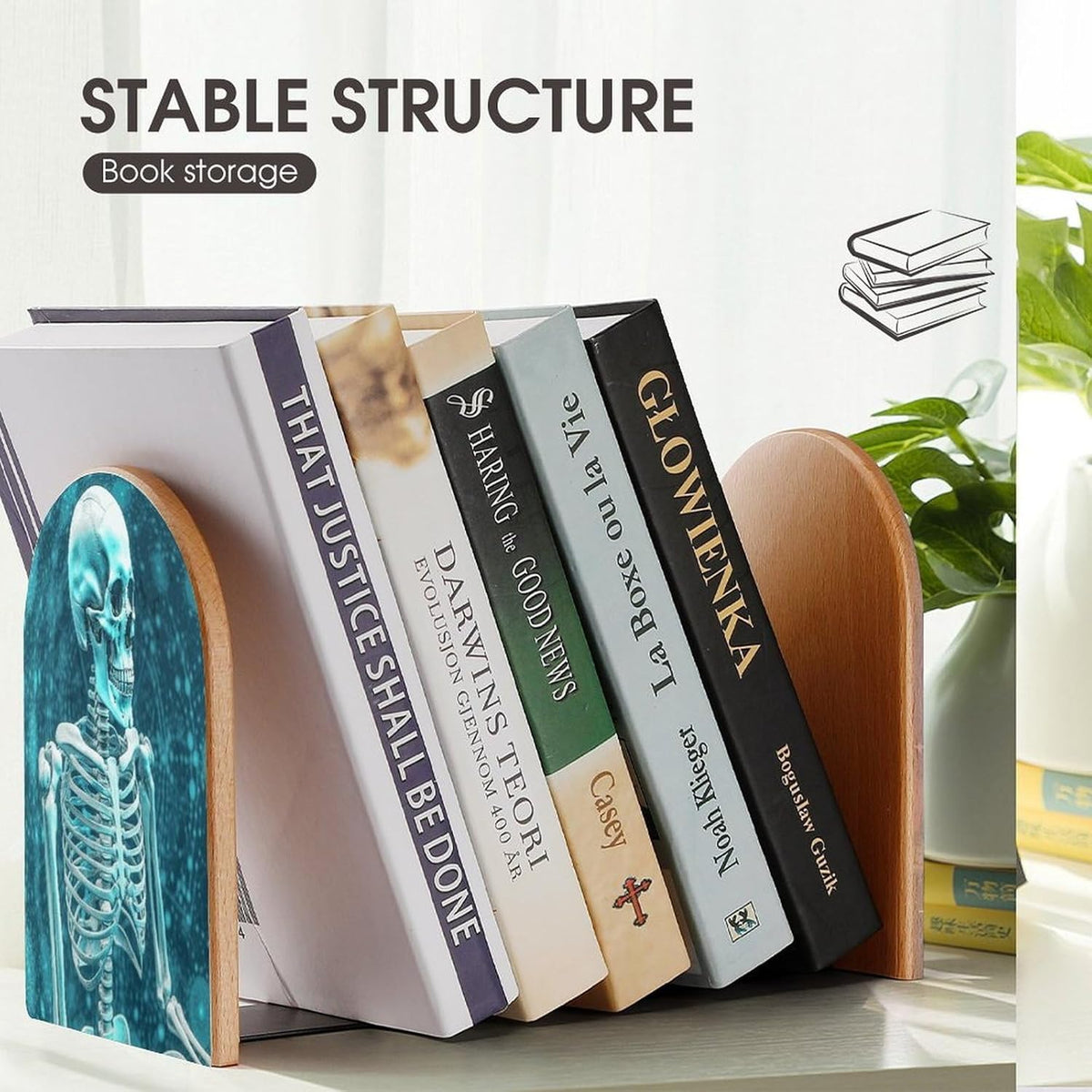 The Skeleton of Color Space Wooden Bookend Non-Slip Book Ends Heavy Duty Book Stopper with Metal Base Books Holderd Decorative Bookends Stands Firmly for Office Supplies