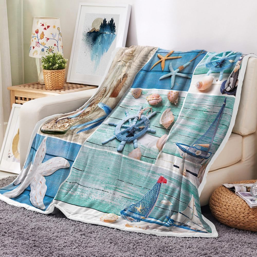 Nautical Throw Blanket for Couch/Bed, Ocean Beach Blanket, Cozy Super Warm Soft Microfiber Fuzzy Flannel Blanket for Kids Girls Boys, Starfish Seashel