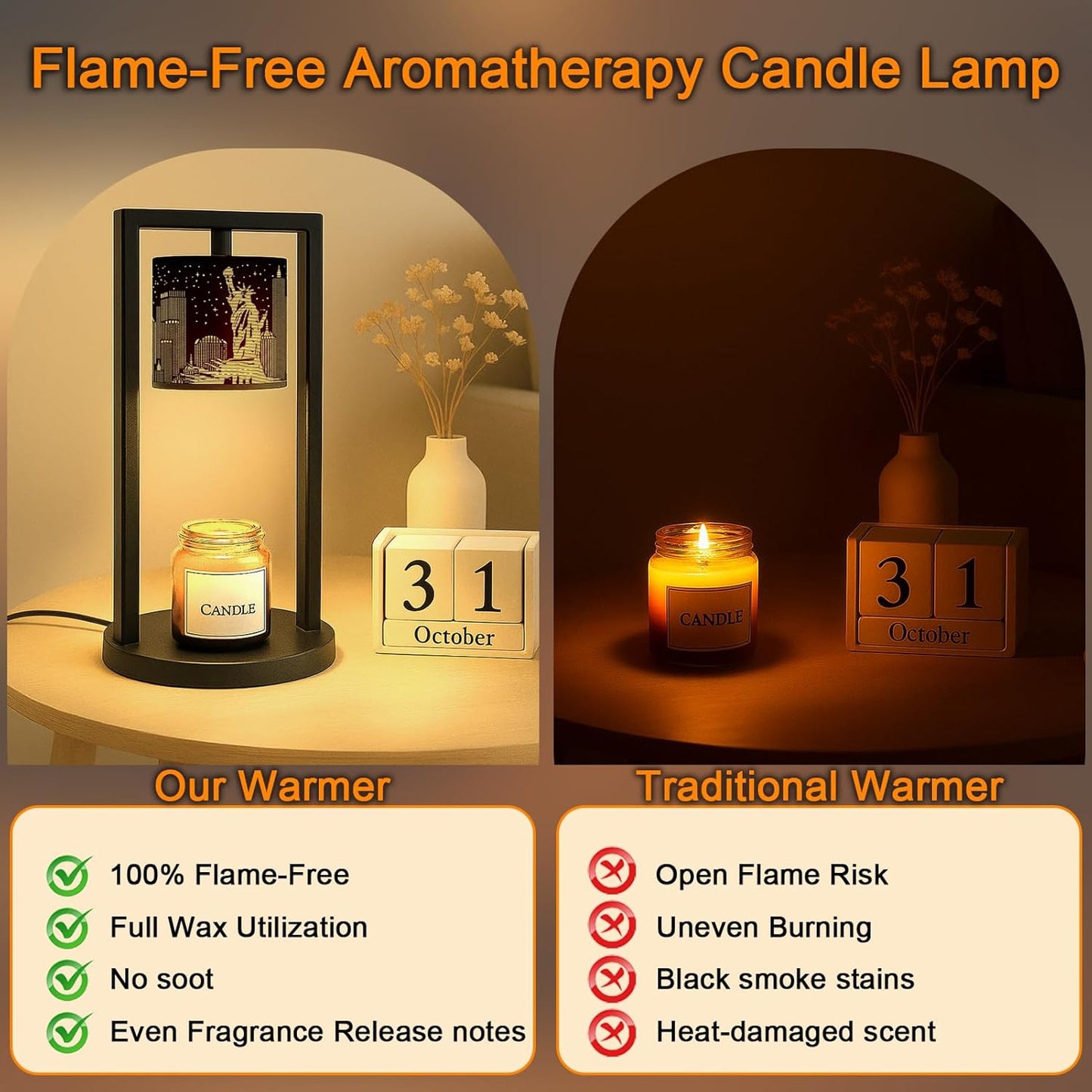 NYC Candle Warmer Lamp - Wax Melter with Timer, Dimmer, Auto Off, Statue of Liberty Decor for Jar Candles, City Skyline Home Decor for Living Room, Bedroom, Housewarming (2 Bulbs Included)