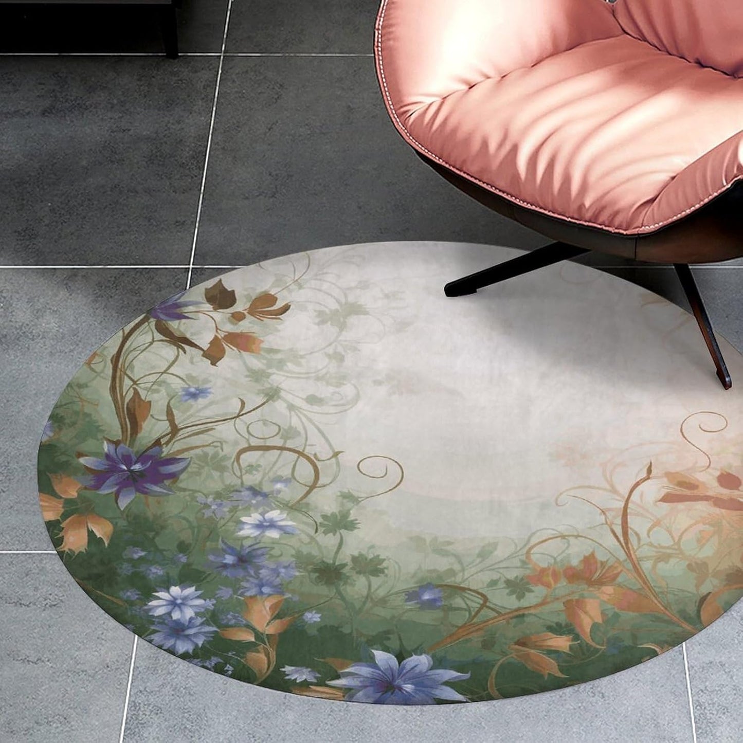 Floral Swirls Ivy Circle Rug Retro Luxury Coral Velvet Floor Mat Non Slip Soft Indoor Floor Carpet Comfy Thickened Area Rugs Modern Aesthetic Minimalist Carpets for Home Decor