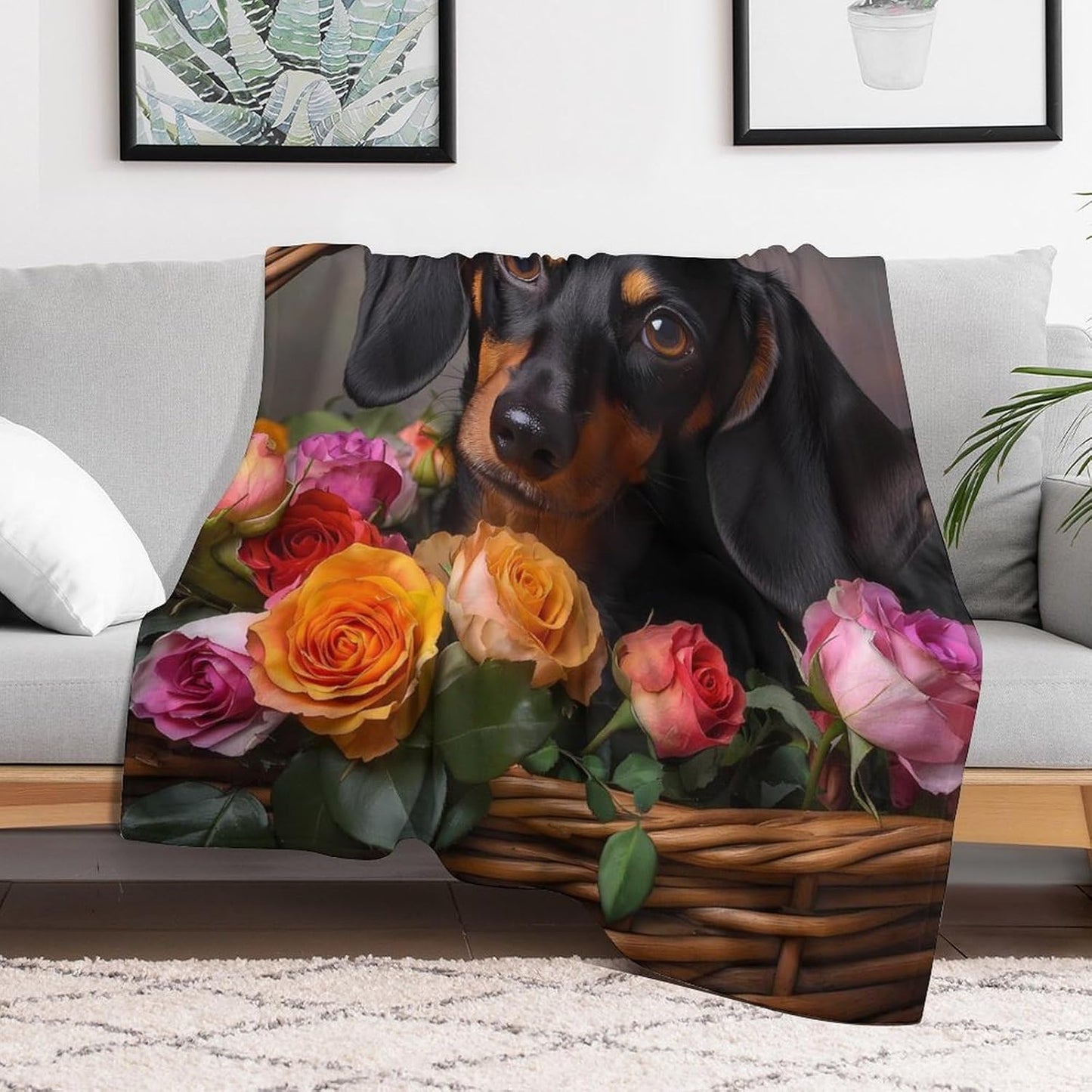 Dachshund Flower Throw Blanket for Couch Bed Plush Cozy Fuzzy Flannel Blanket for All Season 50"x60"