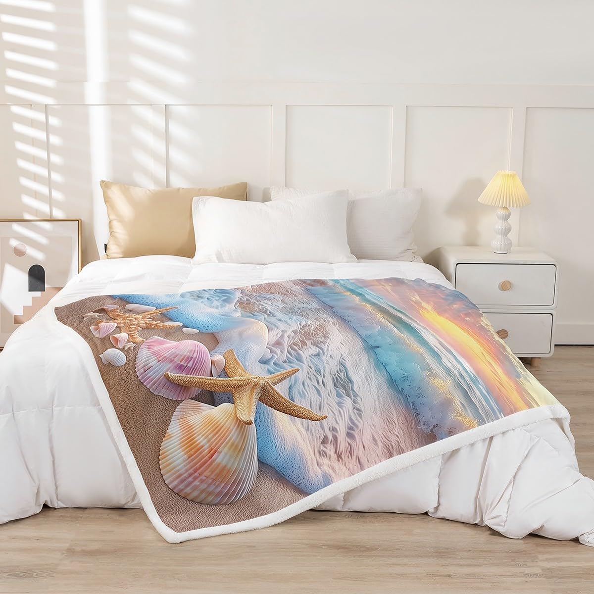 Erosebridal Ocean Beach Sherpa Blanket Throw 50x60 Sea Wave Pink Starfish Shell Fleece Blanket Sunrise Tropical Landscape Fuzzy Plush Throw Coastal Scenery Pink White Decor