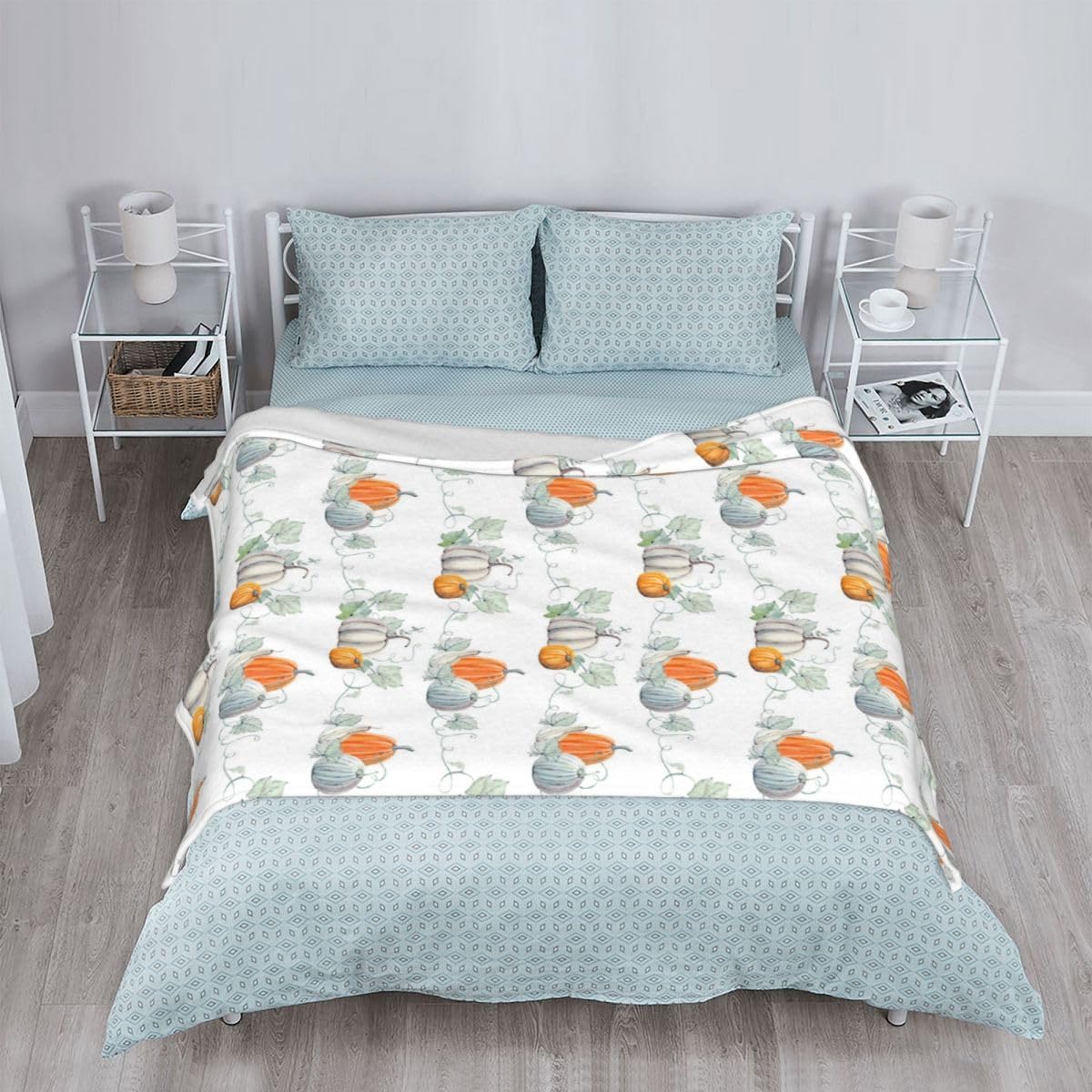 Fall Pumpkin Throw Blanket, Watercolor Blue and Orange Pumpkin Pattern, Warm Soft Cozy Flannel Bed Blankets, Modern Farmhouse Decor for Bed, Couch, Sofa and Chair, 60 x 80 inches