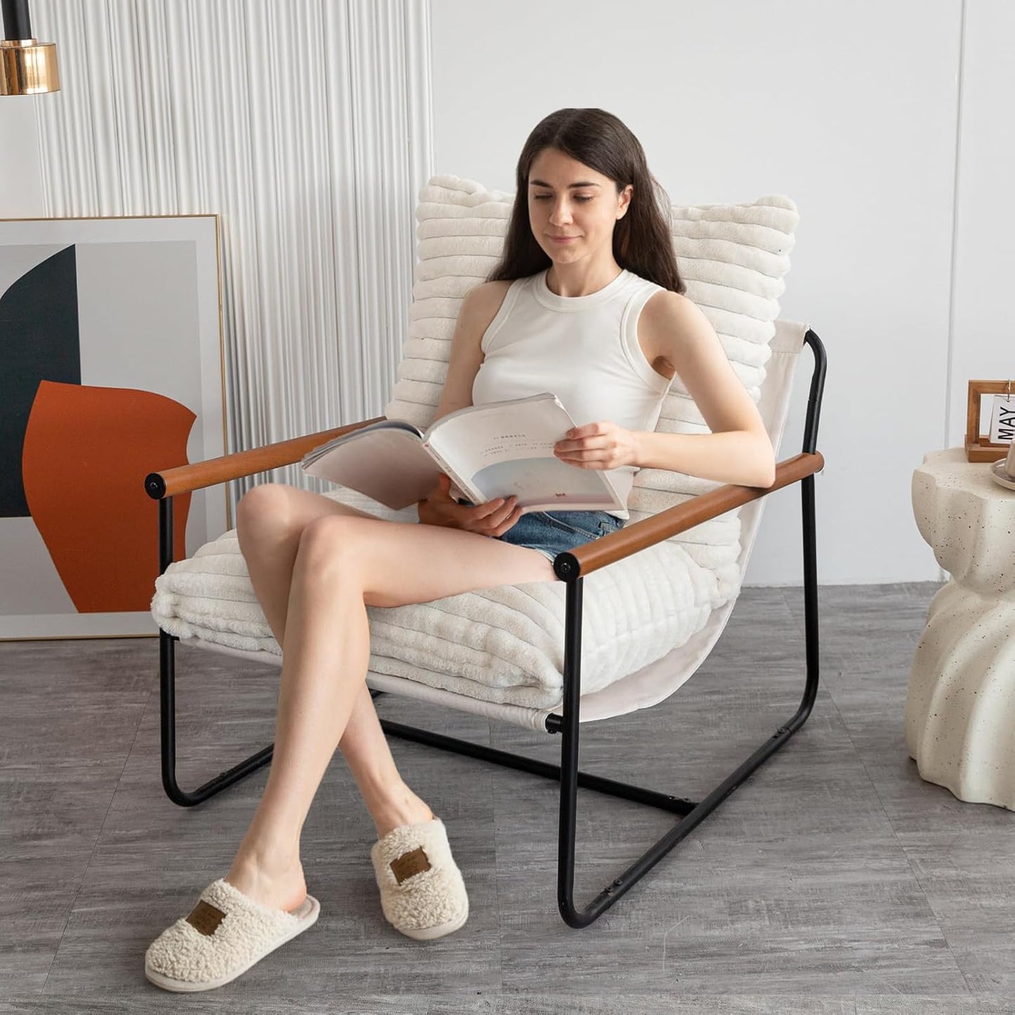 MAXYOYO Accent Chair, Sherpa Arm Chair for Living Room, Mid Century Modern Accent Chairs, Boucle Reading Bedroom Chair, Teddy Armchair, Wooden Arms Metal Frame