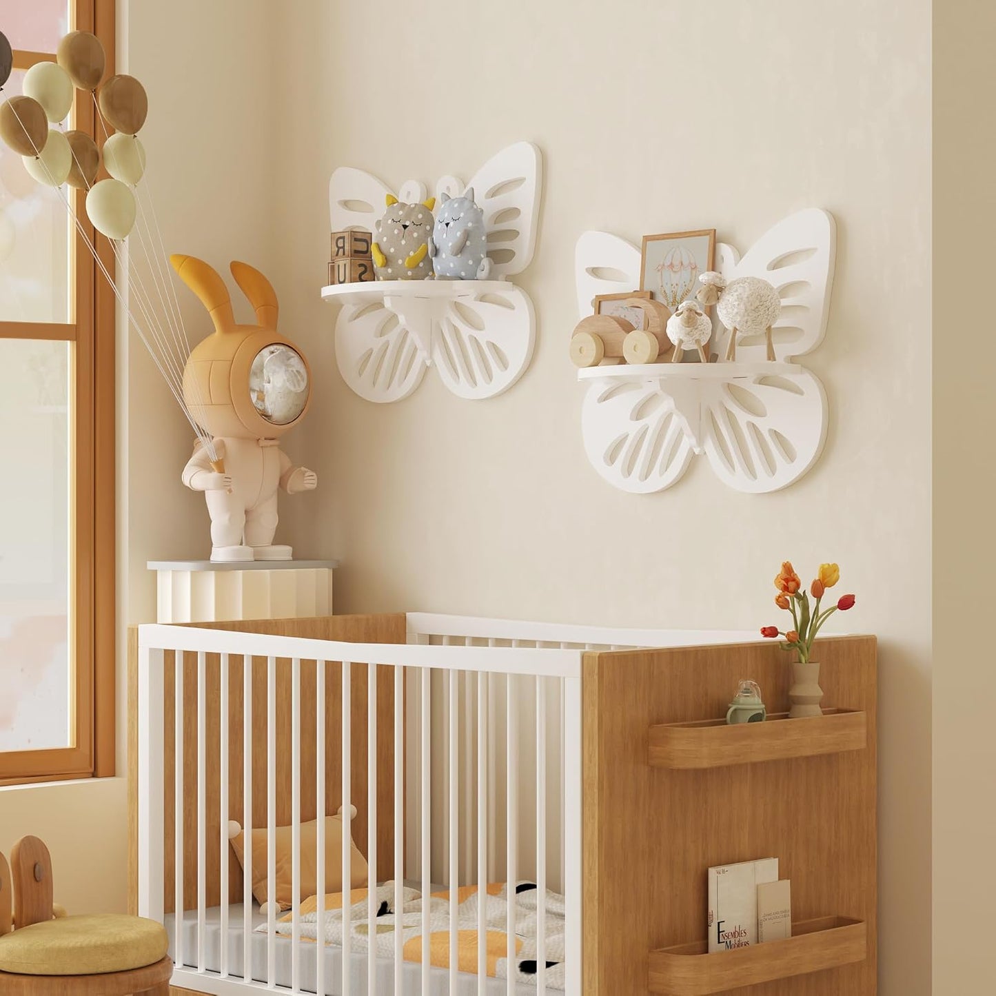 White Butterfly Shelves 2 Tier - Nursery Wall Deor Floating Shelf, Cute Wall Display Rack for Kid’s Room, Small Decorative Shelf Wall Mounted, Hanging Wall Shelf for Toys, Plants Storage.