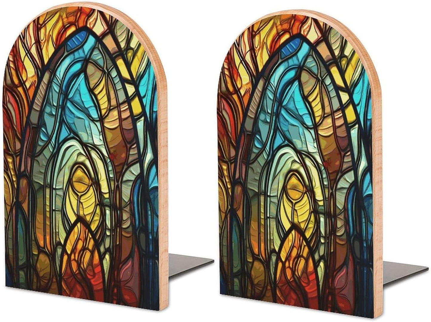 Stained Glass Art Bookend for Shelves Wooden Book End Large Size Sturdy Book Holders Stoppers with Metal Base for Bookshelves Slick Decorative Bookends Stands