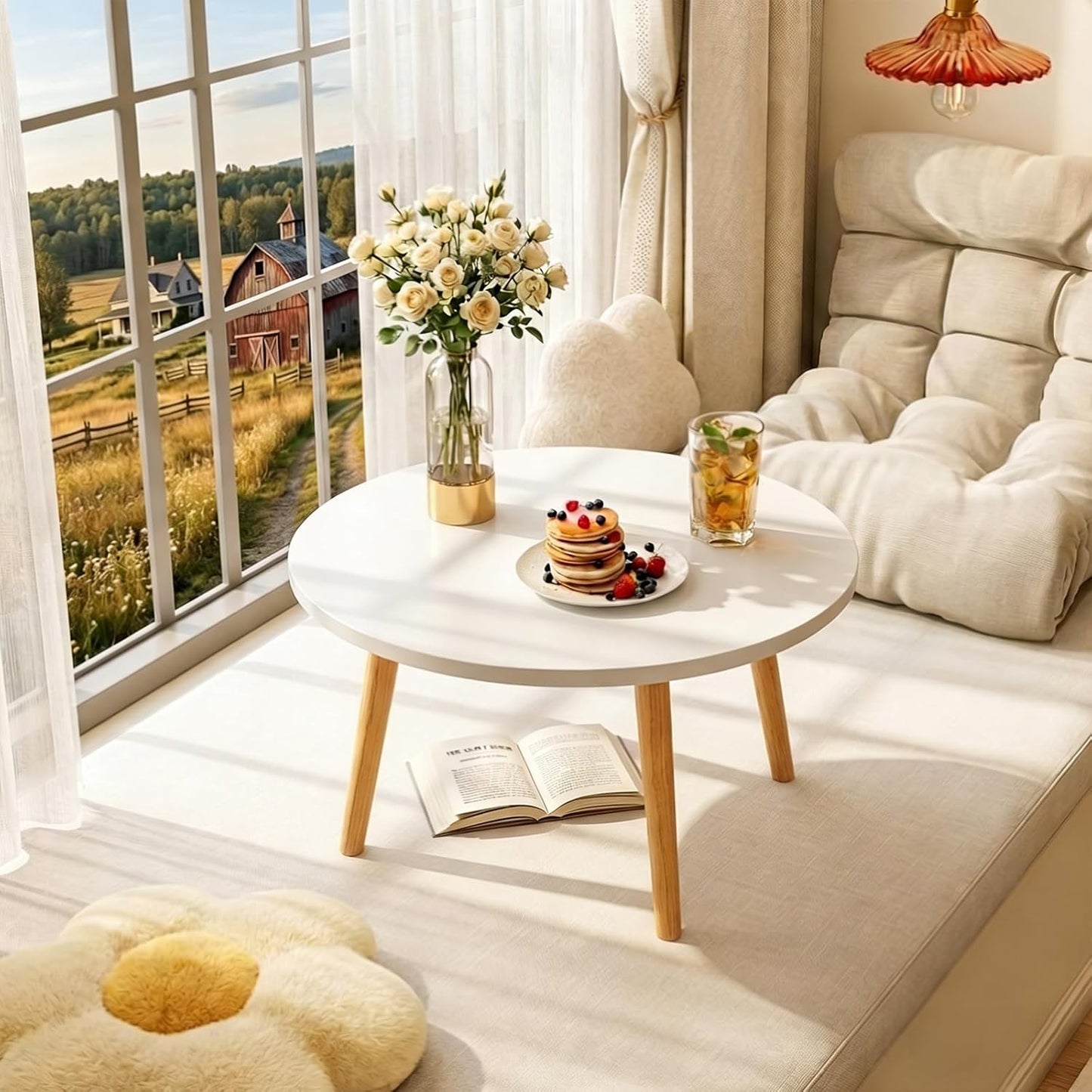 Round Coffee Table Low Table with 3 Solid Wood Sturdy Legs,Floor Table Desk for Sitting on The Floor,23.6"D x 23.6"W x 16"H Inches,Living Room/Toy room Furniture,Rental house Furniture (White)