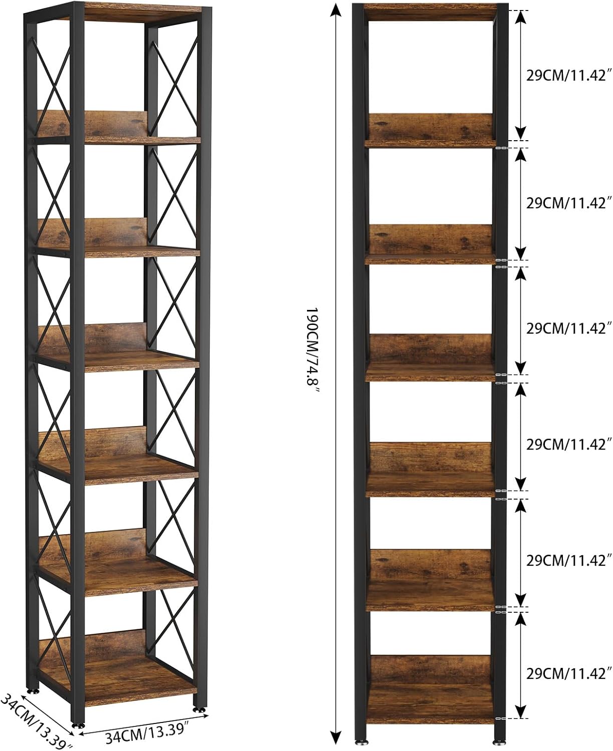IBUYKE 6-Tier Tall Narrow Bookcase,Wood Corner Shelf Storage Display Rack for Small Spaces,Free Standing Open Bookshelf Square Shelf Tower for Home Office Living Room Bathroom, Rustic Brown UTBC001H