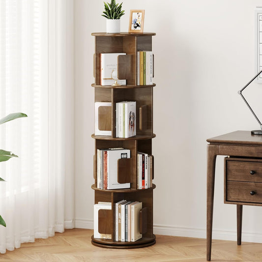 Wooden Rotating Round Bookshelf Tower - 4 Tier 51“ H Tall Solid Wood Walnut Bookshelf for Small Space, 360° Spinning Revolving Modern Bookcase Tower for Living Room, Bedroom, Home Office