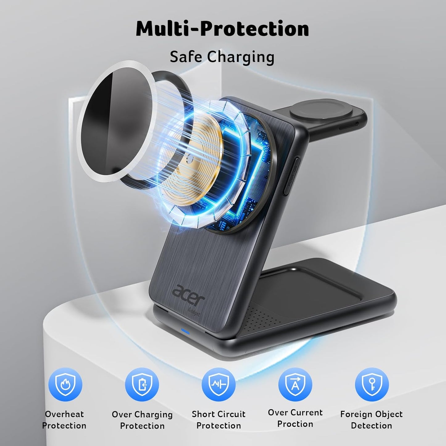 Acer 3 in 1 Charging Station for iPhone, Wireless Charger Stand,15W Fast MagSafe Charger for iPhone 17 16 15 14 13 12 Series-Apple Watch 11 10 9 8 7 6 5 4 3 2 SE and Ultra Series-Airpods 4 3 2 Pro