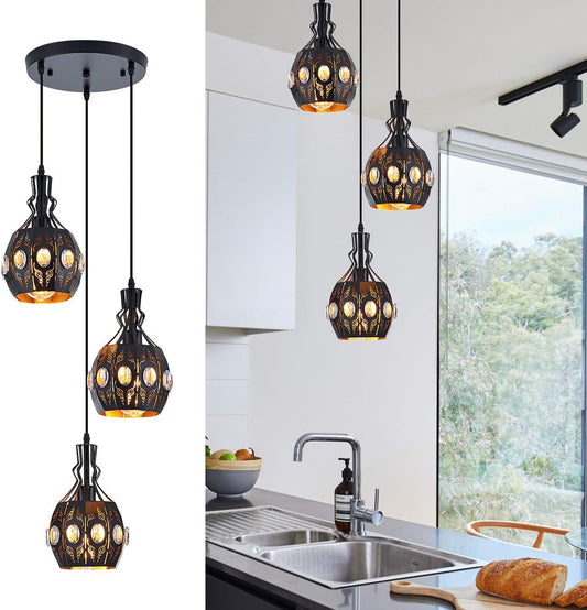 YLONG-ZS 3-Light Industrial Pendant Lighting Vintage Hanging Ceiling Light Fixtures,Farmhouse Rustic Lantern Pendant Light Hanging Lamps for Dining Room,Living Room, Hotel