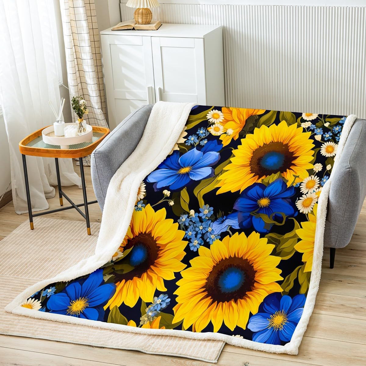 Feelyou Flower Fleece Throw Blanket Twin 60"x80" Kids Sunflower Plush Blanket for Boys Girls Teens Botanical Floral Print Sherpa Blanket Country Rustic Farmhouse Fuzzy Blanket