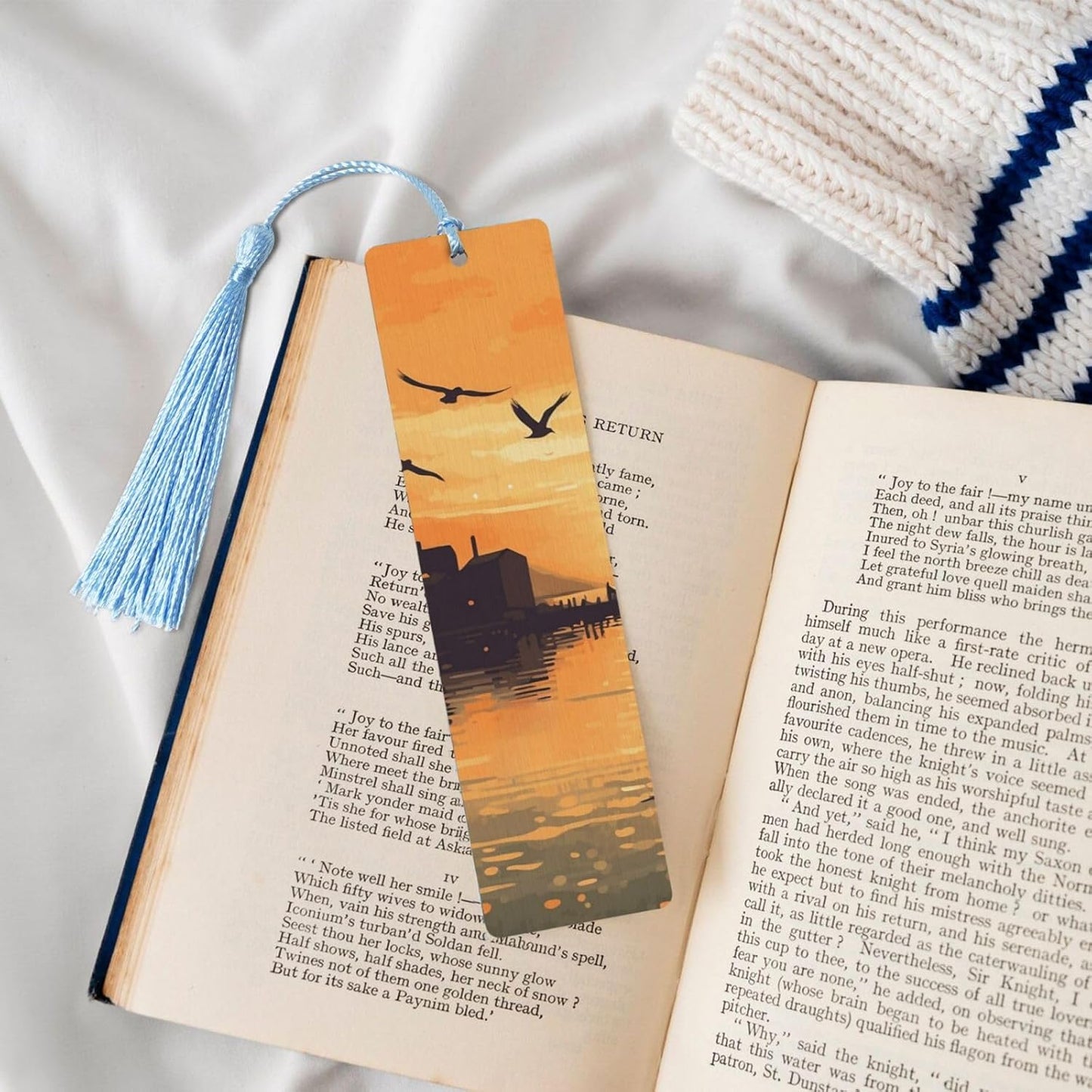 Lake View Illustration Bookmarks Gifts for Women Men, Wooden Bookmarks for Book Lovers, Vintage Book Marks Ornaments with Tassel, Unique Personalized Reading Page Markers Sky Blue