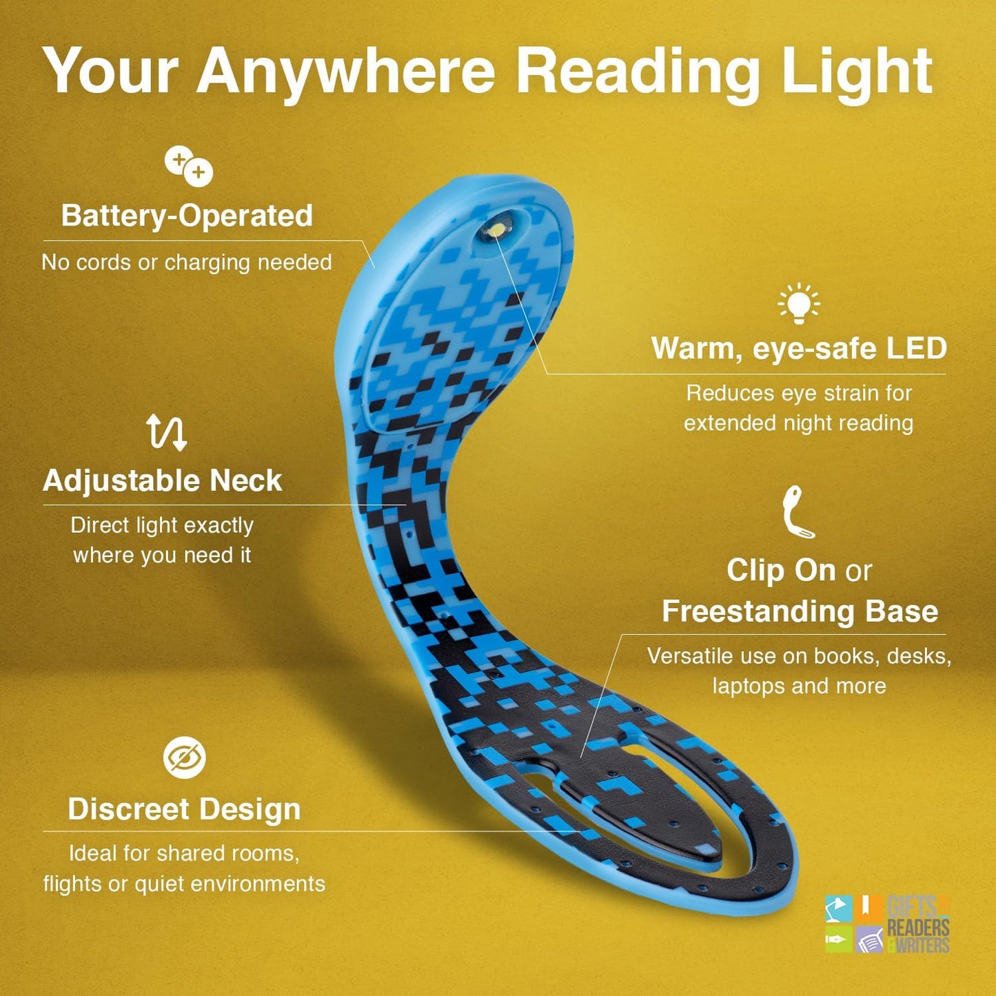 Gifts for Readers & Writers Book Light, Clip On Reading Light for Bed, 2in1 Flexilight & Bookmark, Small & Lightweight with a Soft Glow, 2 Batteries Included, Blue Digital