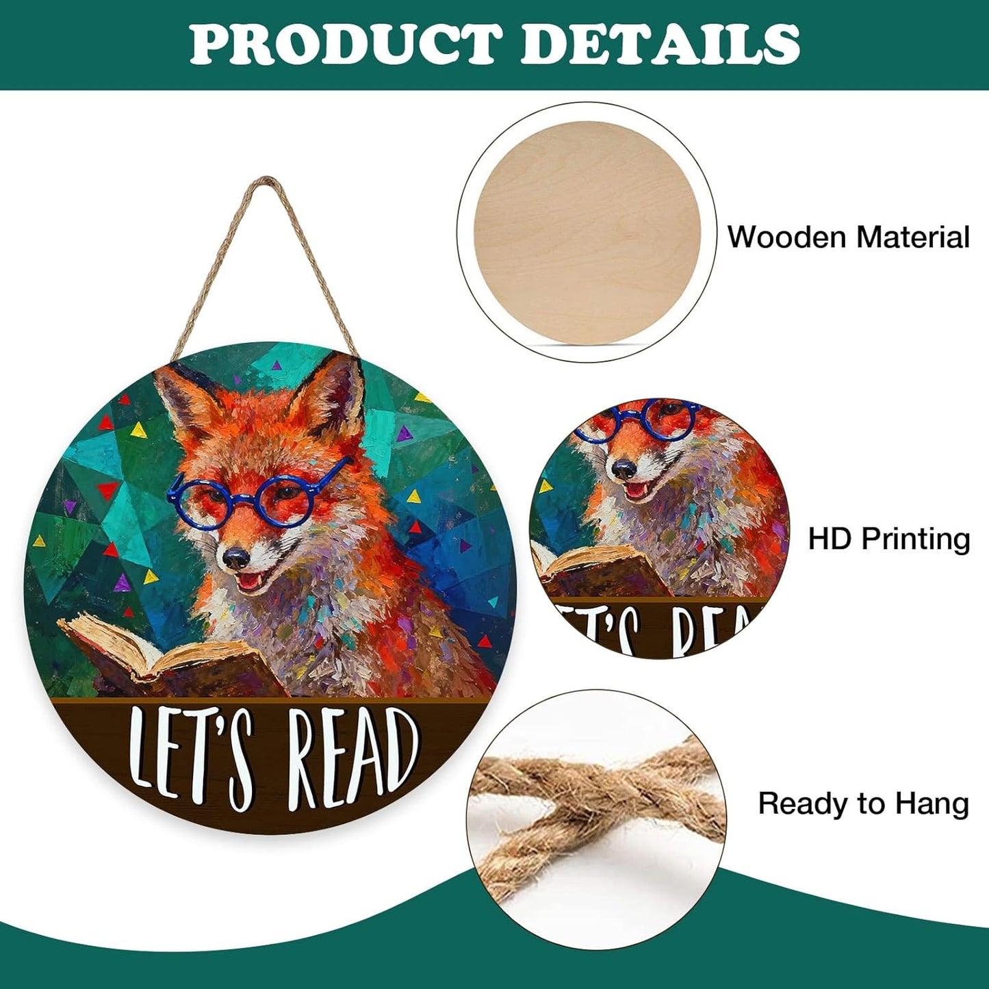 Let's Read Fox Front Door Sign, Inspirational School Classroom Library Reading Corner Wood Plaque Hanger, Farmhouse Wooden Wreath Indoor Wall Hanging Home Decor Book Lover Gift