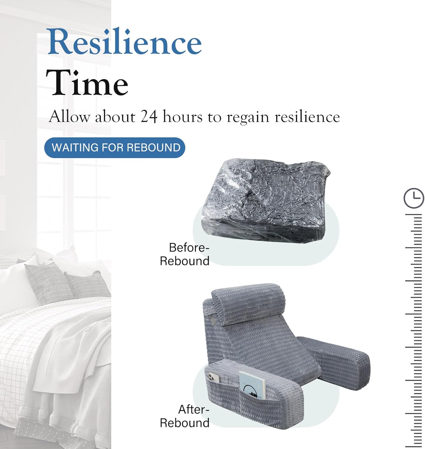 Reading Pillow for Bed, 19" Back Pillow for Bed Sitting up, Big Pockets & Built-in Arms, Backrest Cushion, Wedge Support for Reclining/Reading/Resting/Watching TV, Washable Cover, Slate Blue