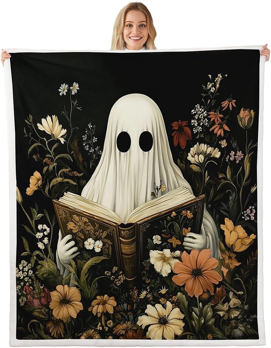 Manfei Halloween Throw Blanket Cute Ghost Reading Theme Fleece Blanket, Wildflower Leaves Print Cozy Throws for Bed Couch Sofa, Kids Girls Room Decor, Soft and Breathable(90 x 90 Inches)